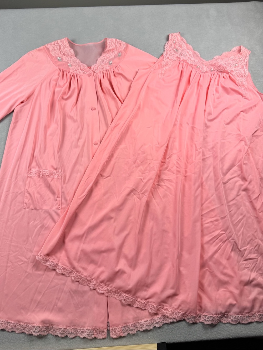 Vintage Shadowline Nightgown Robe Set Pink Lace Medium Silky 70’s Retro Classic